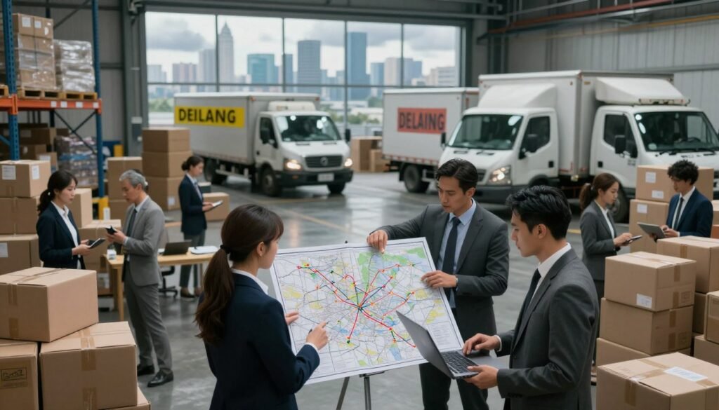 A dynamic logistics office scene showing the challenges faced by companies in transportation and supply chain management. In the foreground, a diverse group of professionals in business attire, including a woman analyzing a large map with logistics routes and a man discussing shipment details on a laptop. In the middle ground, a chaotic warehouse with stacks of boxes, mixed with delivery trucks parked, displaying signs of delays. In the background, a large window reveals a city skyline under cloudy skies, symbolizing uncertainty. Soft, dramatic lighting emphasizes the intensity of the situation, while a wide-angle lens captures the depth and complexity of logistics challenges. The atmosphere is tense yet focused, highlighting the urgency of finding efficient solutions.