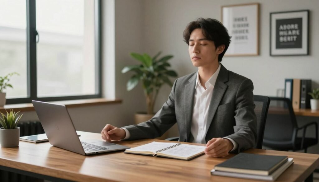 A thoughtful business professional sits at a sleek wooden desk, preparing mentally for networking. In the foreground, the person, dressed in a tailored suit, is engaging in focused meditation with closed eyes, surrounded by an elegantly organized workspace featuring a notepad filled with strategic notes. In the middle ground, soft light filters in from a large window, casting gentle shadows that enhance the calm atmosphere. The background showcases a modern office with motivational quotes framed on the wall and a plant to evoke a sense of growth. The mood is serene and optimistic, emphasizing the importance of mental readiness before building meaningful connections. The entire scene is captured with a warm color palette, low camera angle, and soft focus to convey a sense of depth and tranquility.